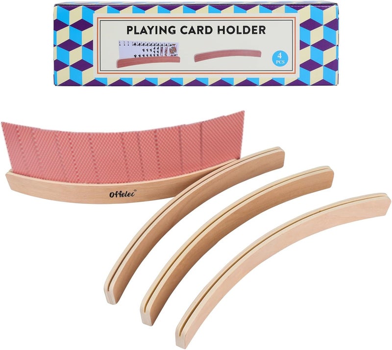 Offelec Set of 4 Playing Card Holders - Holds Standard Size Cards - Wooden Curved Playing Card Holder Racks Tray Set for Kids Adults Seniors, Non Slip Wood Card Deck Holders for Strategy Card Games - Image 1